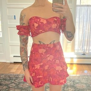 Showpo. Final Resort Two Piece Ruffle Sleeve Mini Set in Berry Floral